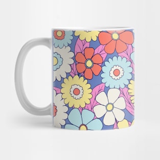 Groovy retro flower power pattern in blue, red and yellow Mug